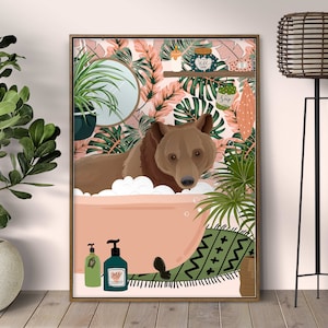Bear in Bathtub Fun Bathroom Wall Art, Animal in Bath Botanical Bathroom Print, Bear Print For Kids Nursery Decor, Maximalist Bathroom Decor