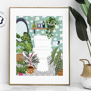 May include: A white toilet with a green and white floral wallpaper background. The toilet is surrounded by potted plants, including a monstera plant, a snake plant, and a calathea plant. The floor is tiled with a black and white geometric pattern.