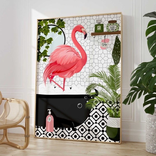 Flamingo in Bathtub Monochrome Bathroom Print, Animal in Bath Trendy Botanical Bathroom Wall Art, Black And White Printable Nursery Decor