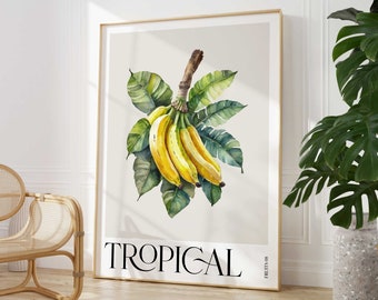 May include: A watercolour painting of a bunch of yellow bananas with green leaves. The painting is framed and has the word "TROPICAL" printed at the bottom.