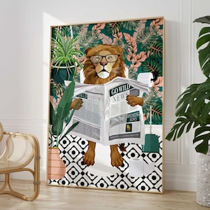 Lion on Toilet Teal Bathroom Print, Animal on Toilet Funny Bathroom Wall Art, Tropical Boho Bathroom Jungle Art Decor, Cloakroom Toilet Art
