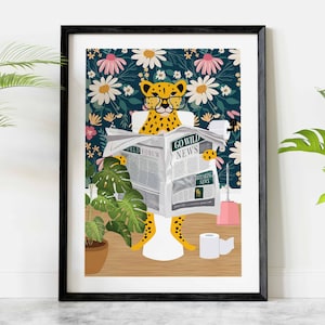 Cheetah on Toilet Print, Animal on Toilet Funny Bathroom Wall Art, Floral Daisies Botanical Bathroom Humour Print, Animal Reading Newspaper