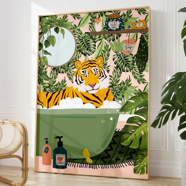 Tiger in der Badewanne Badezimmer Wandkunst, Maximalistisches Spaßtier im Bad Druck, Tropischer Badezimmer Safari Druck Eklektisches Dschungel Badezimmer Kunst Dekor