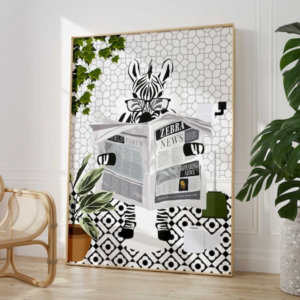 Zebra on Toilet Black and White Bathroom Print, Animal on Toilet Trendy Wall Art, Monochrome Printable Eclectic Bathroom Decor, Gift For Her