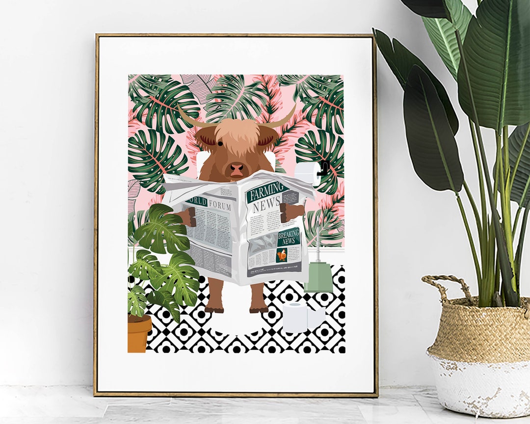 Scottish Highland Cow on Toilet Bathroom Prints, Animal on Toilet Funny ...