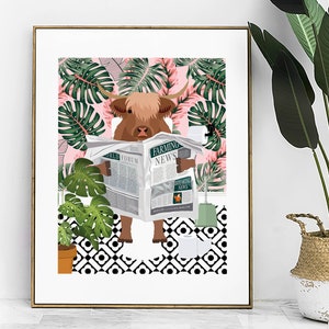 Scottish Highland Cow On Toilet Bathroom Prints, Animal On Toilet Funny Bathroom Art For Kids, Cloakroom Bathroom Wall Art, Playroom Decor
