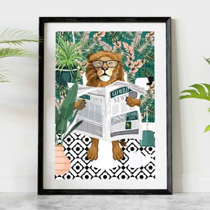 Lion on Toilet Funny Teal Bathroom Print, Whimsical Animal on Toilet Kids Fun Bathroom Wall Art, Tropical Jungle Cloakroom Bathroom Decor