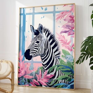 Tropical Zebra Bathroom Animal Print, Colourful Modern Fun Bathroom Home Decor, Pink Animal Poster, Eclectic Botanical Bathroom Wall Art