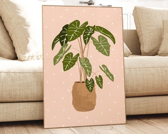 May include: A pink and white illustrated print of a green leafy plant in a brown woven pot. The plant is a type of alocasia, also known as an elephant ear plant.