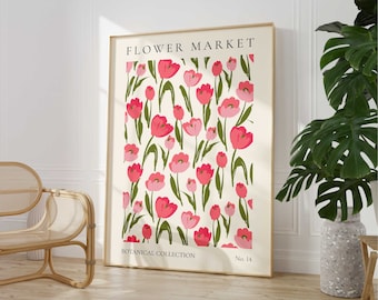 Stampa di tulipani del mercato dei fiori, arte murale floreale boho, poster del mercato dei fiori, stampa per soggiorno, decorazione da parete per camera da letto, stampe floreali astratte moderne