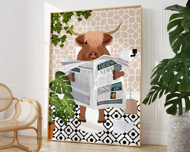 Highland Cow on Toilet Art Print, Animal on Toilet Funny Bathroom Wall ...