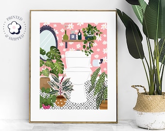 Pink Bathroom Loo Cloakroom Toilet Wall Art, Modern Botanical Bathroom Gallery Print, Colourful Boho Houseplants Eclectic Bathroom Decor