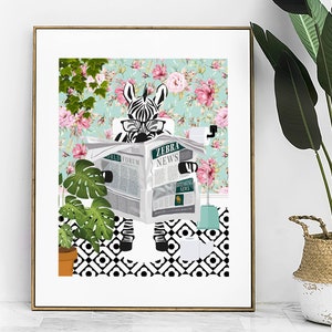 Zebra on Toilet Print, Animal on Toilet Fun Bathroom Wall Art, Floral Blue Pink Bathroom Decor, Animal Reading Newspaper Humour Art Print