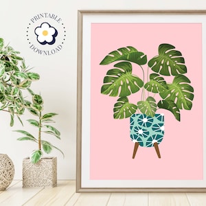 Monstera Deliciosa Swiss Cheese Plant Wall Art, Powder Pink Print, Boho Botanical House Plant Printable, Indoor Plant Lover Plant Lady Gift