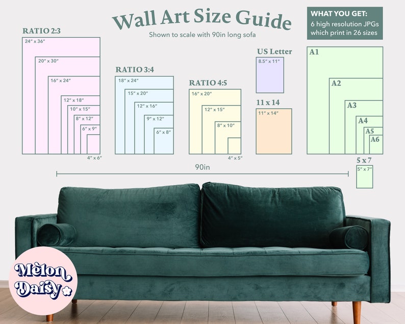 May include: A wall art size guide with a green sofa in the bottom of the image. The guide shows different ratios of wall art sizes, including 2:3, 3:4, and 4:5. The guide also shows the sizes of different paper sizes, including US Letter, A1, A2, A3, A4, A5, A6, and 5x7. The text "What You Get: 6 high resolution JPGs which print in 26 sizes" is at the top right of the image.