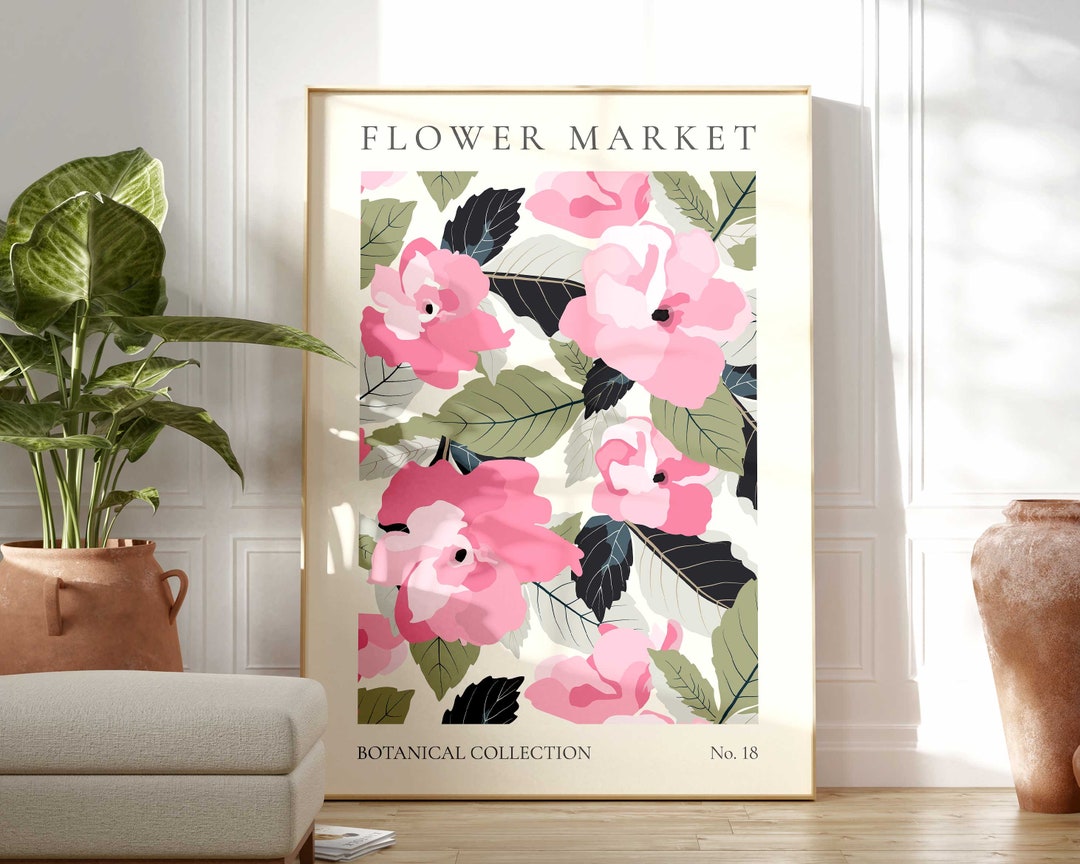 Pink Flower Market Print, Boho Flower Wall Art, Flower Market Poster ...