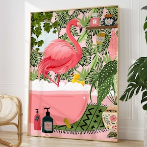 Flamingo in bathtub botanical bathroom prints, maximalist animal in bath wall art, tropical boho funny bathroom art, eclectic jungle decor