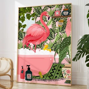 Flamingo in bathtub botanical bathroom prints, maximalist animal in bath wall art, tropical boho funny bathroom art, eclectic jungle decor