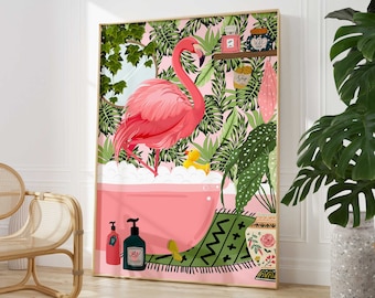 May include: A pink flamingo in a bathtub with green tropical plants and a yellow rubber duck. The bathtub is pink and has white bubbles. There are bottles of soap and a bath mat with a geometric pattern.