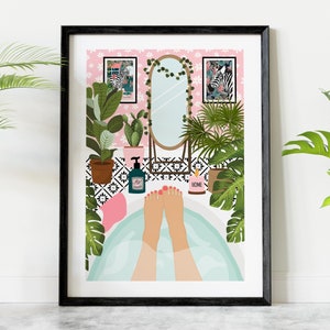 May include: A framed art print depicts a bathroom scene with a person's feet in a bathtub. The illustration features potted plants, a mirror, and a pink floral wallpaper. The artwork includes a black and white tile floor and two framed pictures.