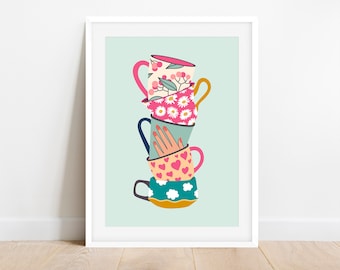 Stacked Tea Cups Print, Retro Mug Floral Art, Colourful Eclectic Vintage Kitchen Wall Art, Boho Pastel Teal Kitchen Print, Fun Kitchen Decor