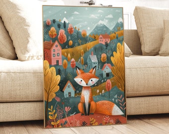 Norwegian Folk Art Fox Print, Whimsical Nordic Floral Woodland Animal Home Décor, Colourful Nature Scandinavian Wall Art, Cute Fox Poster