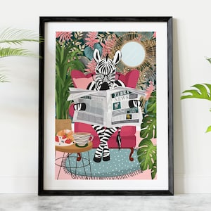 Impresión de animales del periódico de lectura de cebra, colorido animal botánico con gafas arte de la pared, estampados de animales funky rosas tropicales decoración ecléctica