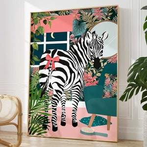 Zebra Bathroom Wall Art, Funny Animal Bathroom Prints, Toilet Art Decor, Kids Bathroom Decor, Maximalist Wall Art, Tropical Bathroom Poster