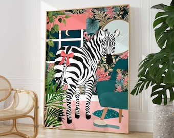 Maximalist Zebra im Schlafzimmer Kunstdruck - Lustiges botanisches Badezimmer Selbstpflege Tier Wandkunst Poster