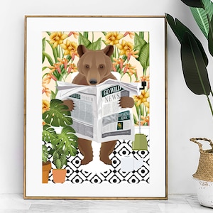 Bear Bathroom Wall Art, Funny Animal Bathroom Prints, Toilet Art Decor, Kids Bathroom Decor, Maximalist Wall Art, Tropical Bathroom Poster