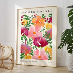 May include: A watercolor print featuring a colorful floral arrangement with pink, red, yellow, and orange flowers. The print is titled "Flower Market" and is part of a "Botanical Collection".