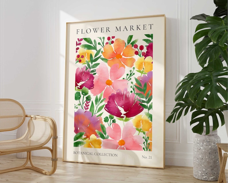 May include: A watercolor print featuring a colorful floral arrangement with pink, red, yellow, and orange flowers. The print is titled "Flower Market" and is part of a "Botanical Collection".