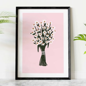 Tryck av prästkragar, väggkonst med pastellrosa prästkrageblommor, konsttryck av botaniska vilda blommor, utskrivbar affisch med rumsdekor i Cottagecore