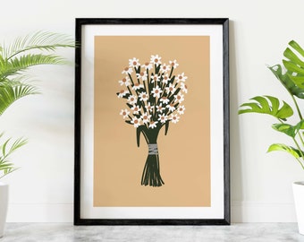 Boho Daisy Floral Wall Art, Ochre Danish Pastel Room Decor, Bouquet Art Print, Wild Flowers Botanical Printable, Summer Daisies Boho Poster