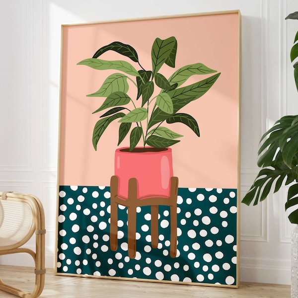 Monstera Leaf Plant Print, Dalmation Polkadot Pink Plant Print, Boho Houseplant Wall Art, Plant Lover Gift, Potted Plant Art Print Poster