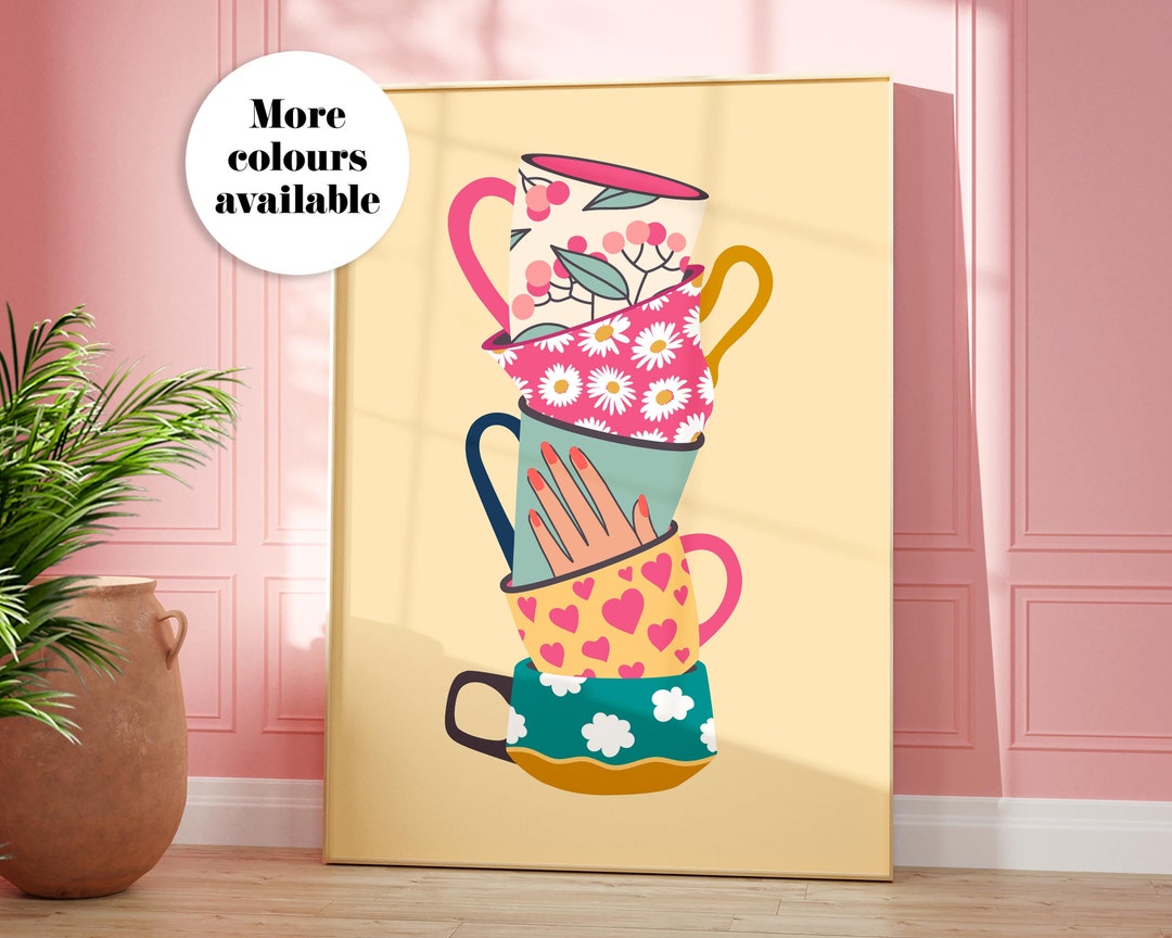 Stacked Tea Cups Print Retro Mug Floral Art Colourful Etsy