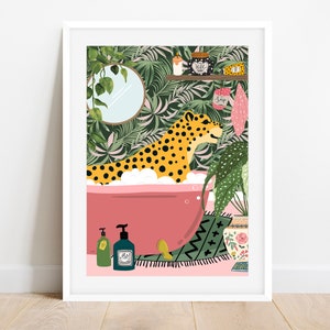 May include: A leopard print animal is taking a bath in a pink bathtub with white bubbles. The bathtub is on a pink floor with a green and black rug. There are green plants and a mirror in the background.