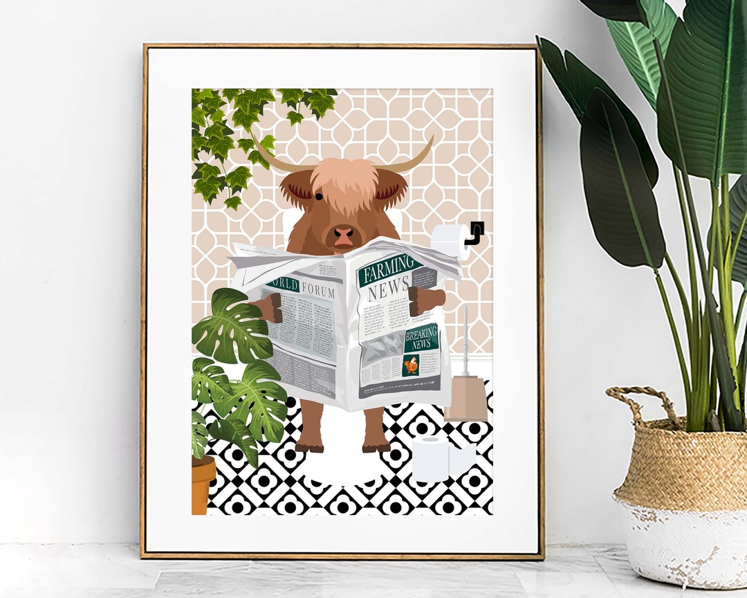 Highland Cow on Toilet Bathroom Wall Art, Animal in Tropical Bathroom ...
