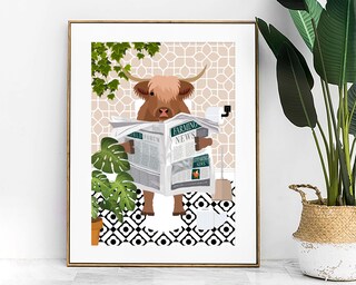 Decorazione Da Parete Con Mucca Delle Highland - Quadro Su Tela Con Cornice Nera 20x25 Cm - Simpatico Arredo Bagno