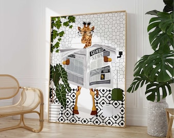May include: A cartoon giraffe wearing glasses reads a newspaper titled "Go Wild News" with the headline "Breaking News". The giraffe is standing on a black and white patterned floor with green plants in the background.