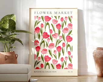 Flower Market Tulip Print, Boho Flower Wall Art, Flower Market Poster, Living Room Print, Bedroom Wall Décor, Modern Abstract Floral Prints