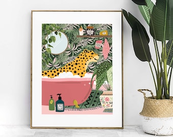 Leopard in der Badewanne Badezimmer Druck, Tier in der Badewanne Spaß Badezimmer Wandkunst, Tropisches Badezimmer Safari Poster, Maximalistisches Eklektisches Dschungel Dekor