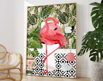 Pink Flamingo on Toilet Bathroom Print, Animal on Toilet Cloakroom Wall Art, Tropical Botanical Fun Bathroom Decor, Maximalist Toilet Art