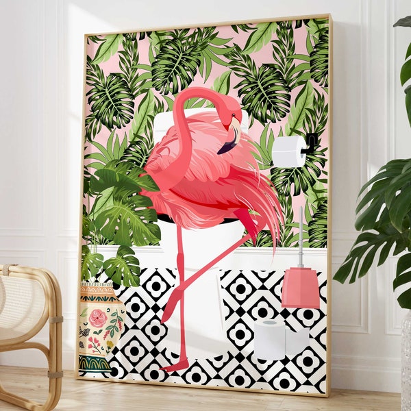 Pink Flamingo on Toilet Bathroom Print, Animal on Toilet Cloakroom Wall Art, Tropical Botanical Fun Bathroom Decor, Maximalist Toilet Art