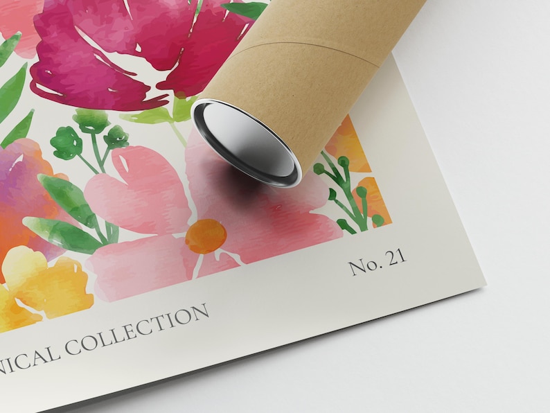 May include: A watercolor print featuring pink, yellow, and green flowers. The print has the text "Botanical Collection" and "No. 21" printed on it.