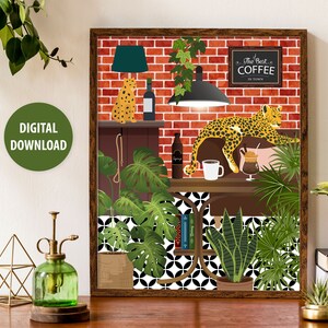 Coffee Bar Print, Coffee Shop Backdrop Leopard Print, Coffee Printable Wall Art, Bold Botanical Animal Art, Maximalist Coffee Lover Decor image 6