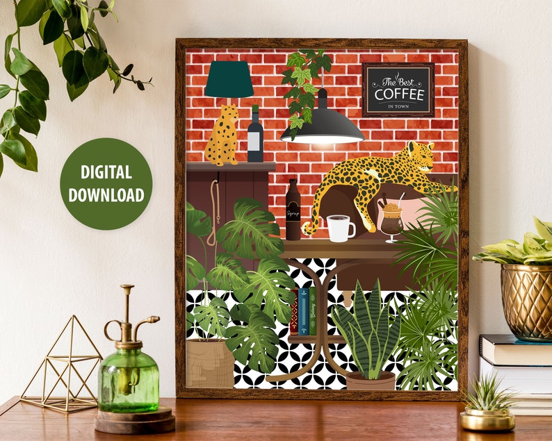 Coffee Bar Print, Coffee Shop Backdrop Leopard Print, Coffee Printable Wall Art, Bold Botanical Animal Art, Maximalist Coffee Lover Decor image 6