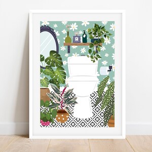 May include: A white toilet with a white toilet seat in a bathroom with a green and white floral wallpaper. The bathroom has a black and white tiled floor and several potted plants.
