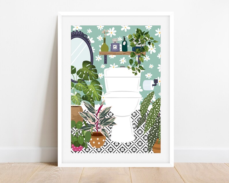 May include: A white toilet with a white toilet seat in a bathroom with a green and white floral wallpaper. The bathroom has a black and white tiled floor and several potted plants.