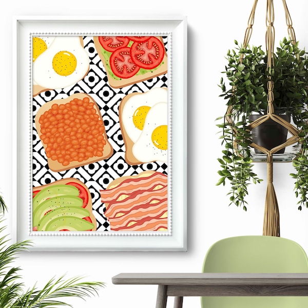 Bacon and Egg Full English Breakfast Print, Fry Up Digital Print, Modern Retro Geo Kitchen Wall Art, Toast Brunch Poster, Maximalist Decor